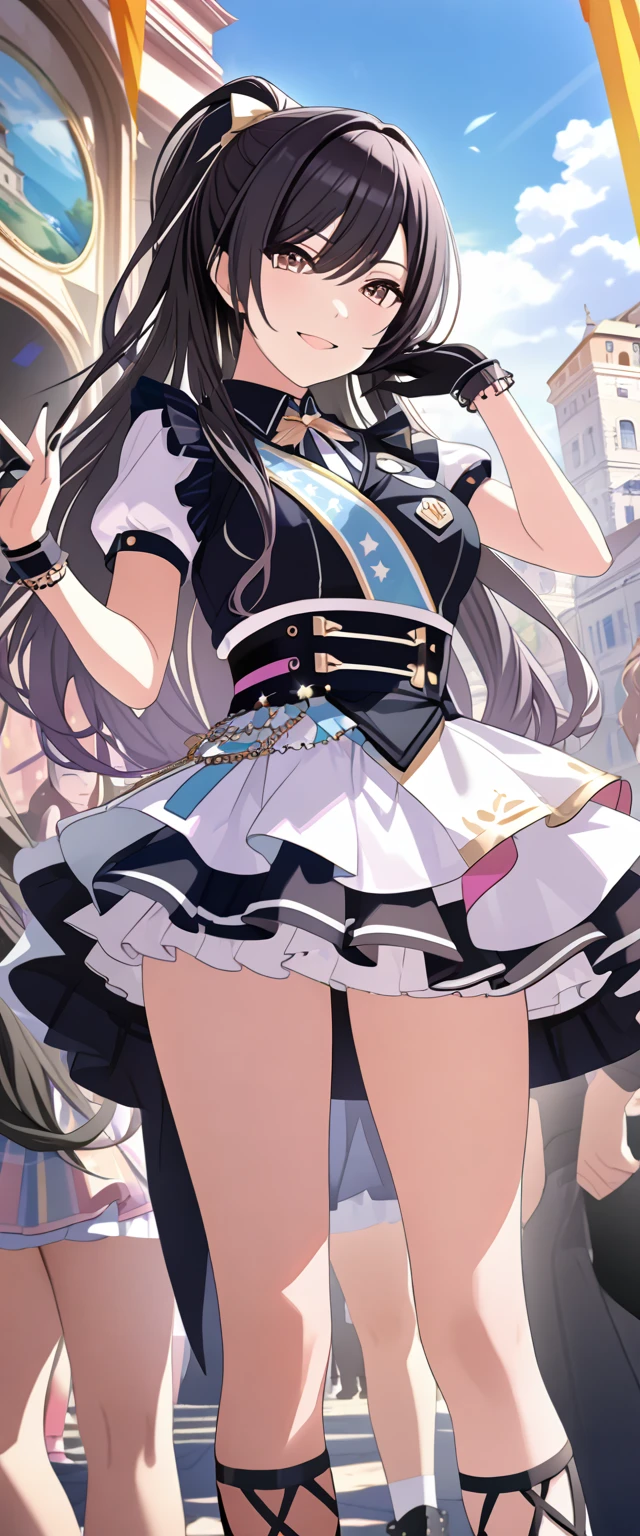 (masterpiece),(Please redeem),(Super detailed),(Best illustrations),(Best Shadow),(Absurd),(Detailed Background),(so beautiful),  Sakuya said:, Black Hair, ponytail, smile, One Girl, Long Hair, Hairbands, ponytail, gloves, bangs, Idol, Browse your viewers, 