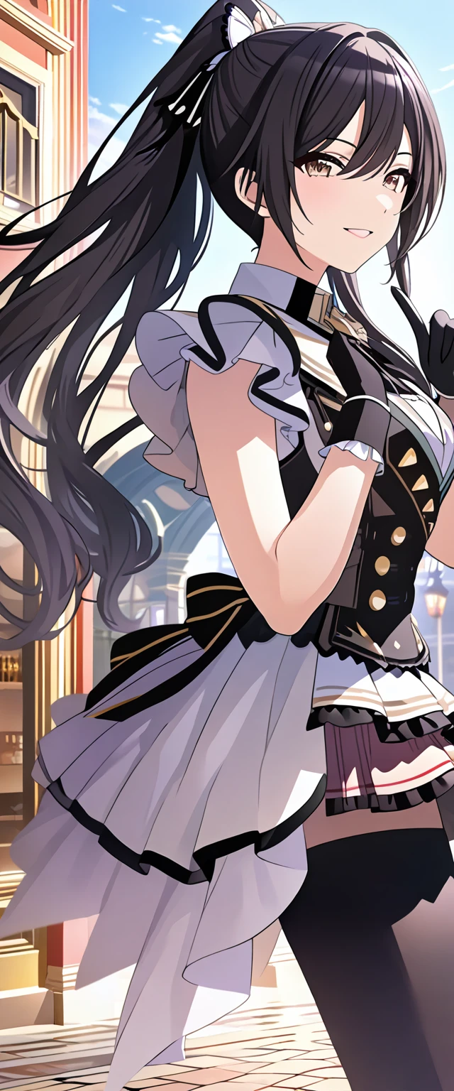 three women on stage,skirts,Gothic lolita,Idol costumes,Dancing,titts,tall of a person,short of a person,Cute face,slant eyes,drooping eyes,Thin eyebrows,Open mouth,Smiling,Medium hair,Semi-Long Hair,Long hair,Straight Hair,Wave Hair,indoor,Anime Style,masterpiece, extremely fine and beautiful,illustration