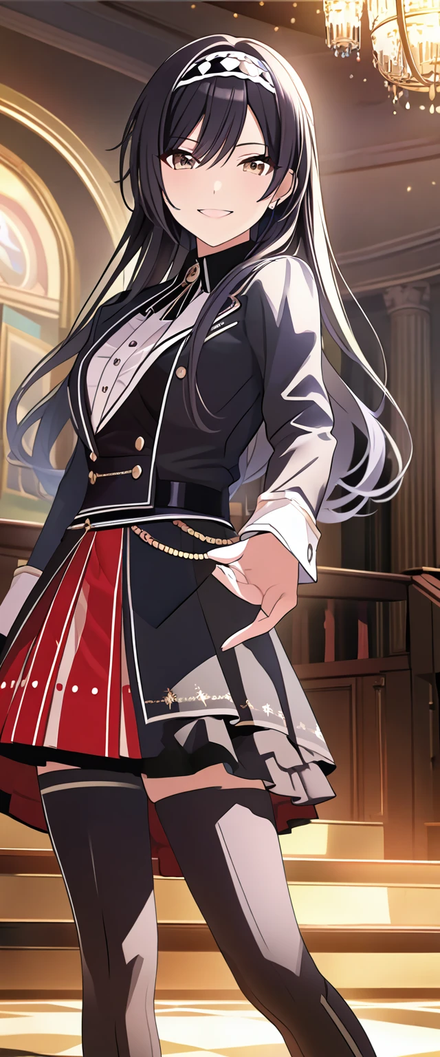 (masterpiece),(Please redeem),(Super detailed),(Best illustrations),(Best Shadow),(Absurd),(Detailed Background),(so beautiful),  Sakuya said:, Black Hair, ponytail, smile, One Girl, Long Hair, Hairbands, ponytail, gloves, bangs, Idol, Browse your viewers, 