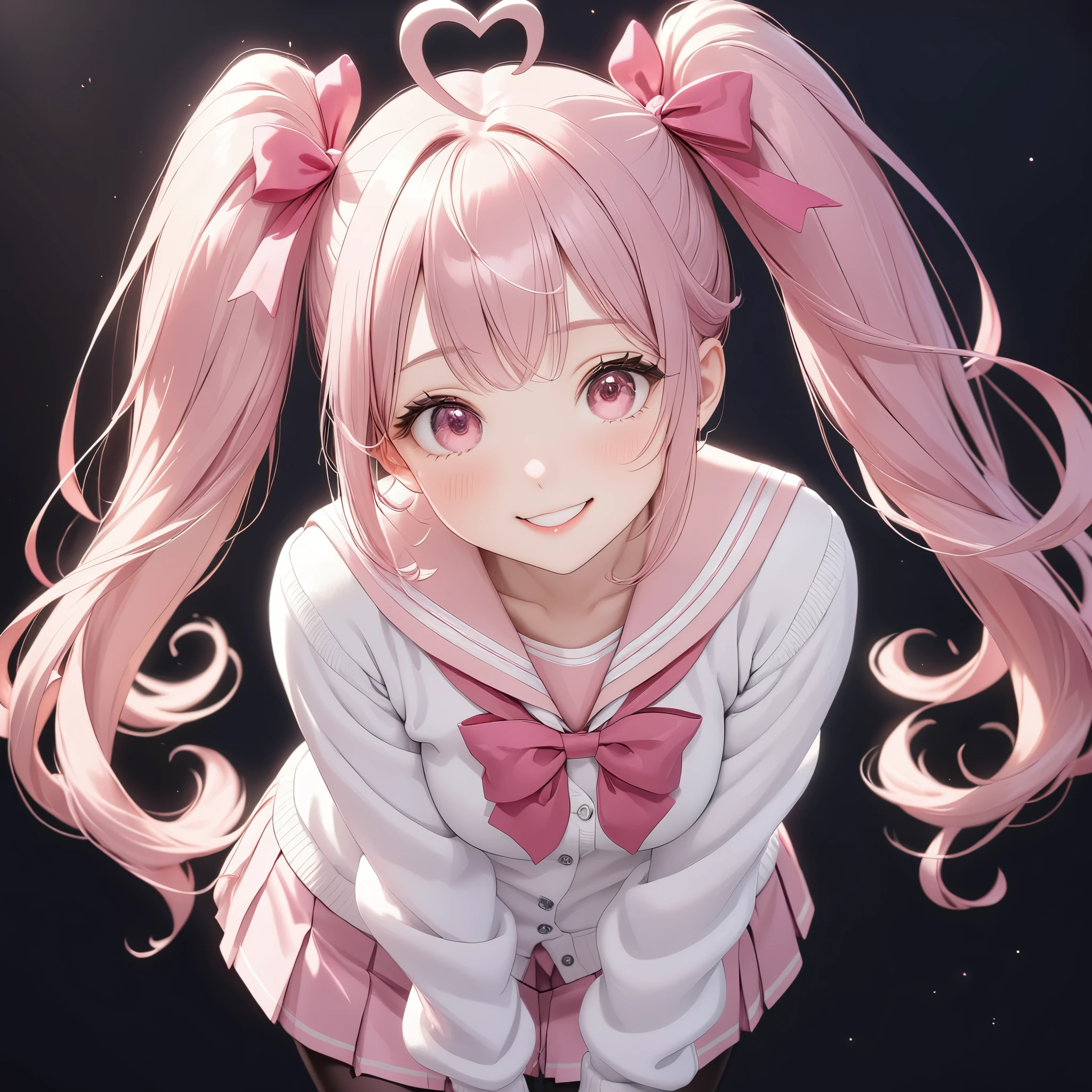 (8K, masutepiece, Best Quality, Official art, beautiful detailed, beautiful lighting, best masterpiece in history that exceeds limits), (1 Girl, Solo), (sixteen years old), (beautiful detailed face), (shiny white skin), (Beautiful big bust, cleavage, thighs:1.3), (beautiful detailed pink twin tails hair, Bangs, heart ahoge:1.3), (beautiful detailed drooping pink eyes:1.5), (high school uniform:1.3), (white loose long sleeves long length cardigan, overly long sleeves, patsel pink sailor collar, pastel pink pleated skirt, patsel pink ribbon:1.3), (black_legwear, zettai_ryouiki, thigh_gap:1.2), (happy smile:1.2), (Attractive, sensational, look at the camera, cute pose:1.3), (simple white plain background:1.5),