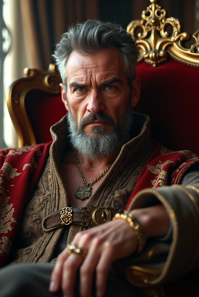 50 year old man, white skin, pot-bellied, rough face, evil look, serious expression, intense and detailed black eyes, short hair, wavy hair, salt-and-pepper hair, short beard, medieval noble outfit with gold embroidery, medieval noble hat, gold necklace, gold rings, sitting on a luxurious armchair in a luxurious medieval palace, the architecture of the palace is complex and elaborate, intense gaze towards the viewer, close-up, detailed background, perfect hands, perfect fingers, perfect eyes, extremely detailed skin, best quality, 8k, high resolution, masterpiece: 1.2, ultra-detailed, realistic, photorealistic, photorealistic: 1.37, HDR, UHD, studio lighting, best light, best shadow, sharp focus, physically based rendering, extremely detailed description, professional, vivid colors, bokeh, cinematic, RAW photos, ultra detailed CG 8k wallpaper, concept art