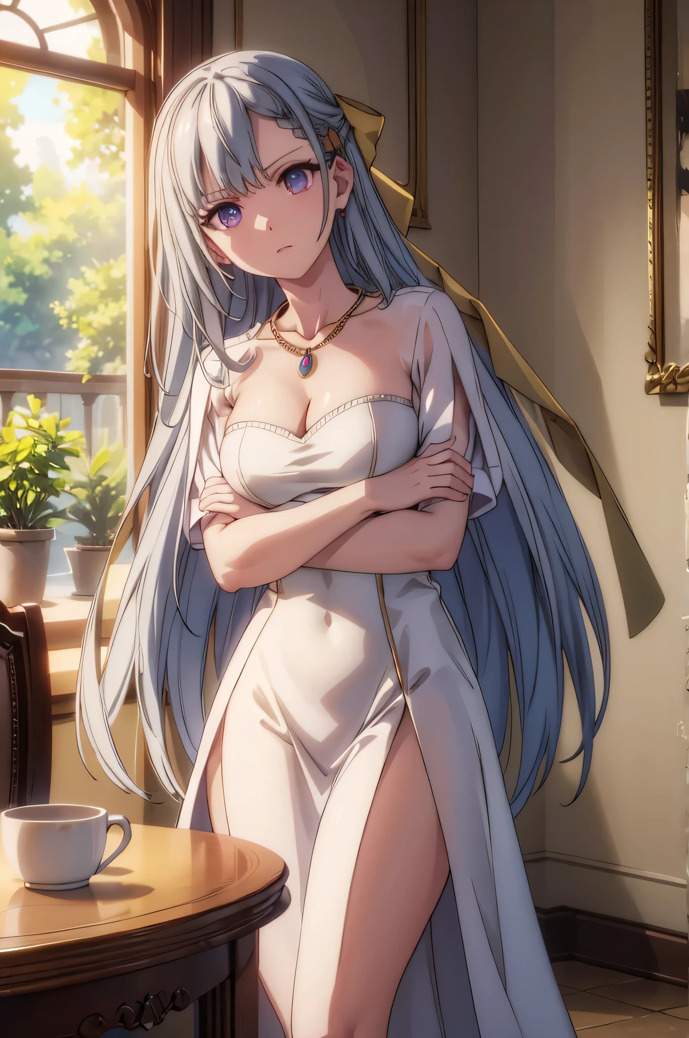 straight hair, forehead showing, combed back hair, hair band, rich, properly dressed, serious, necklace, white dress, restaurant, arms crossed, golden blazer, cleavage, jewelry, gold lacing, ultra-detailed, absurdres, beautiful eyes, volumetric lighting, silky_hair), ultra-detailed, solo, looking at viewer, 8k wallpaper, extremely detailed, smooth lighting, unreal engine, depth of field, cinematic lighting, masterpiece, best quality, best quality, highres, 8k, masterpiece