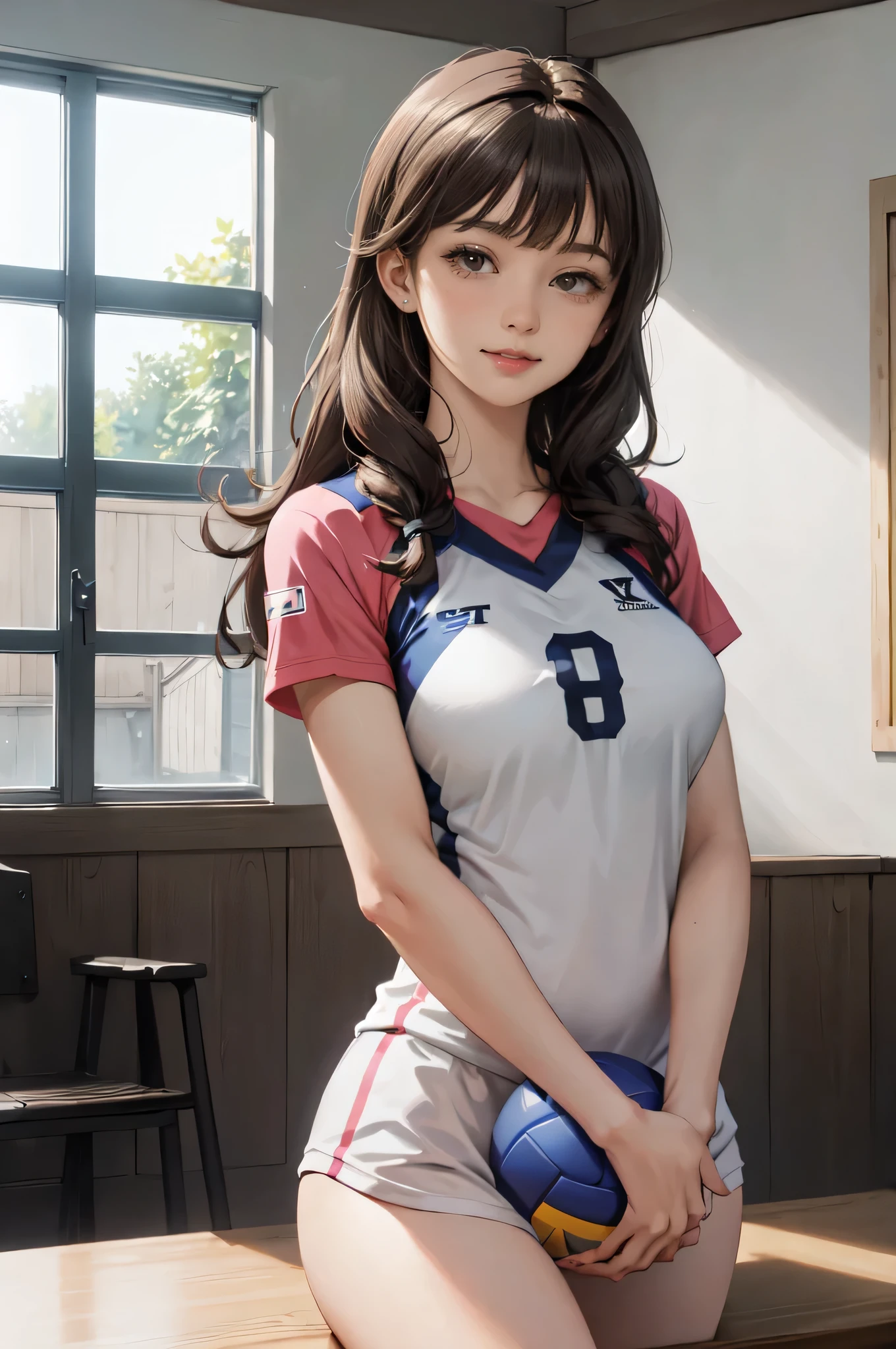 1lady solo, /(volleyball uniform/), /(dark brown hair/) bangs, blush light smile, (masterpiece best quality:1.2) delicate illustration ultra-detailed, large breasts BREAK /(volleyball court indoors/)