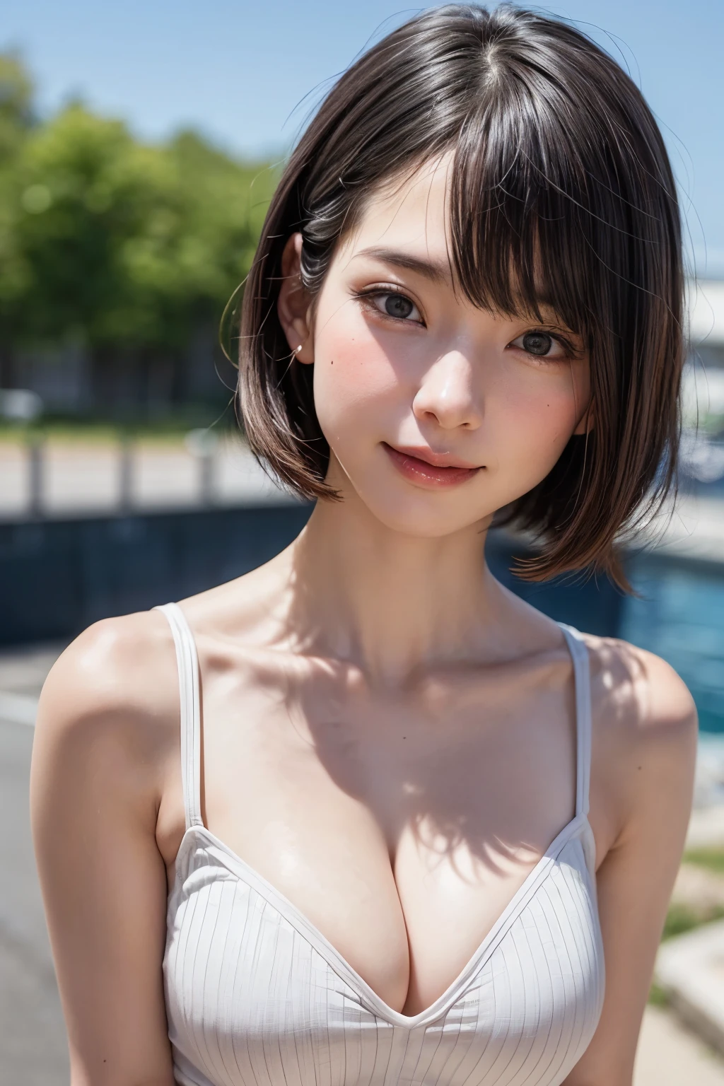 女の子1人、top-quality、realisitic、report、depth of fields、natural soft light、during daytime、魅惑的、beauitful face、Cleanliness、Pure face、de pele branca、cute hawk hair、bangss、the beach、rays of sunshine、Nedium Breast Body Esbian、((Beautiful face with sweater golden ratio Beautiful face with symmetry))、long neck、Put your ears out、bangssのあるきれいな短いボブヘア、Smile with your mouth closed:1.4、Smile with your mouth closed:1.4、perfect hand指、perfect hand、Perfect body、face perfect、Shine a light into the eyes、Perfect Anatomy:1.4、very cute super model:1.4