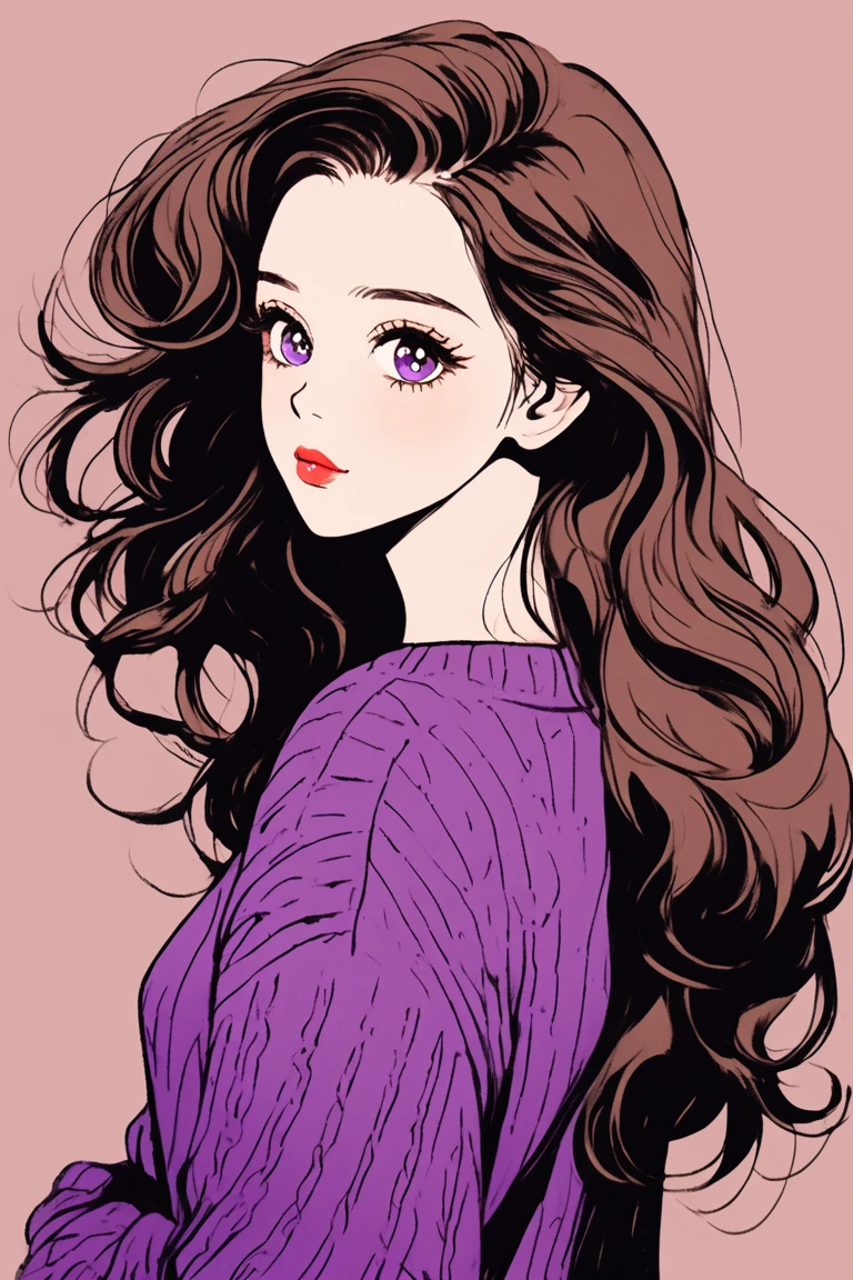 (Highest quality, sketch:1.2),Realistic,Illustrator,アニメ,1 Girl, Detailed lips,sweater,custom,sinple background,brown Hair,masterpiece, Style: Retro Classic, Dark Black、Under the MoonLong Hair、Fair skin,Side Tail with a single knot、beautiful girl、Real、cute、Purple Eyes