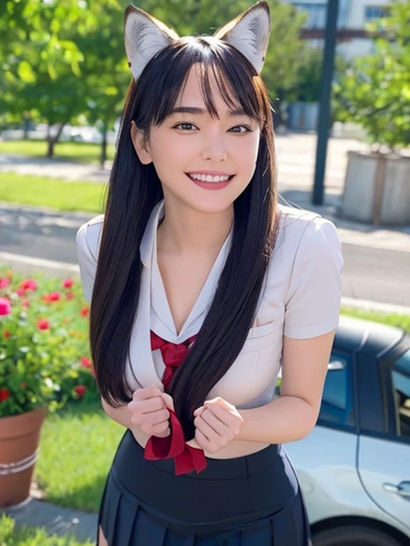 highest quality, figure, super detailed, finely, High resolution, 8k wallpaper, 完璧なダイナミックな構figure, beautiful skin, (big eyes), 20 year old beautiful girl, natural color lip, (sexy pose), mid chest, smile, Highly detailed face and skin texture, Detailed eyes, Double eyelid,leaking teeth and laughing, close-up, black hair twintails, (green blouse:1.2), beautiful forest