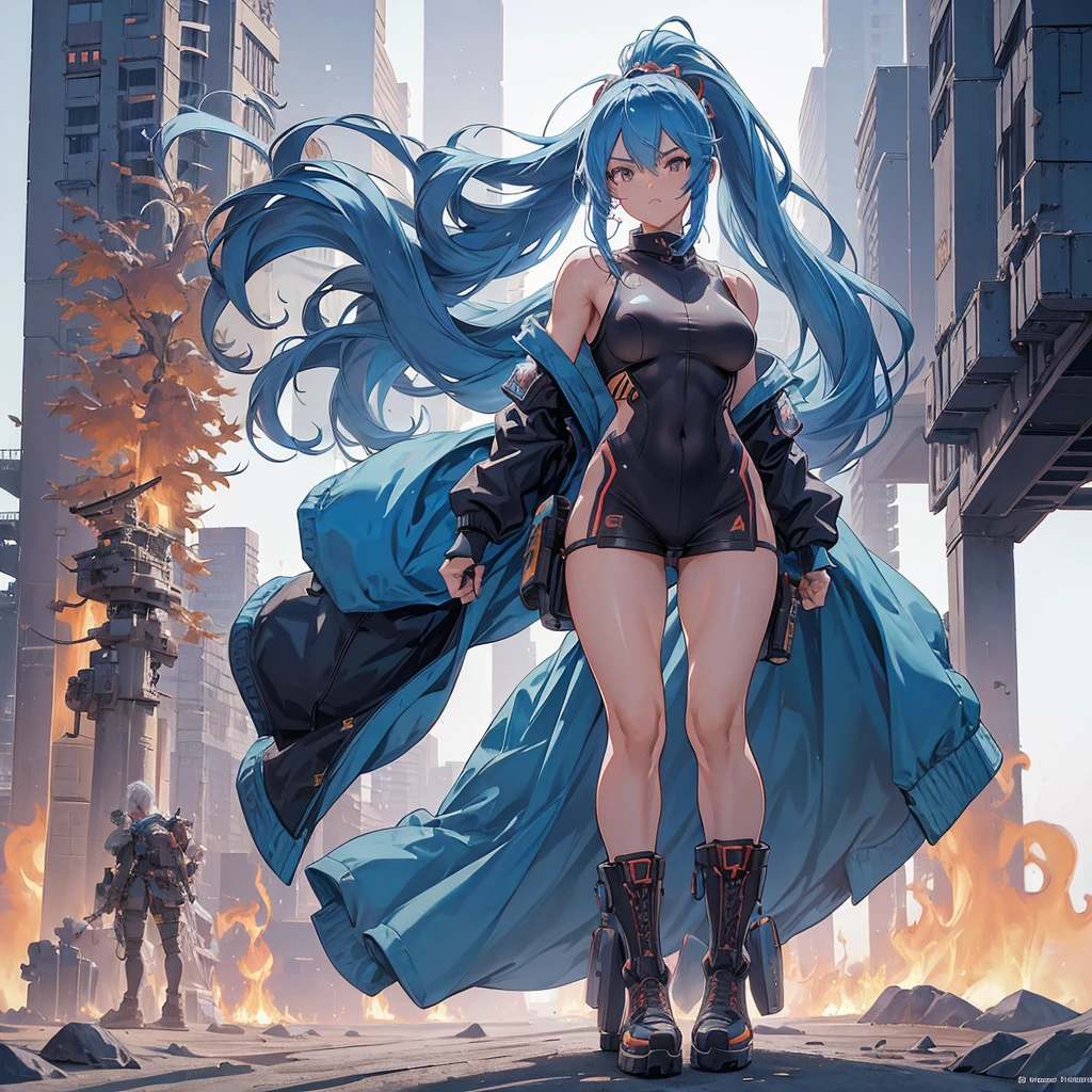 ( high quality , Very detailed, look at your hands ),One Woman,Blue Hair,Long Hair,Female Swordsman,Slut,Last,Revealing clothing,Waist belt,Without skirt,Nipple piercing,No underwear,High heels,Serious face,Inside the ruins,