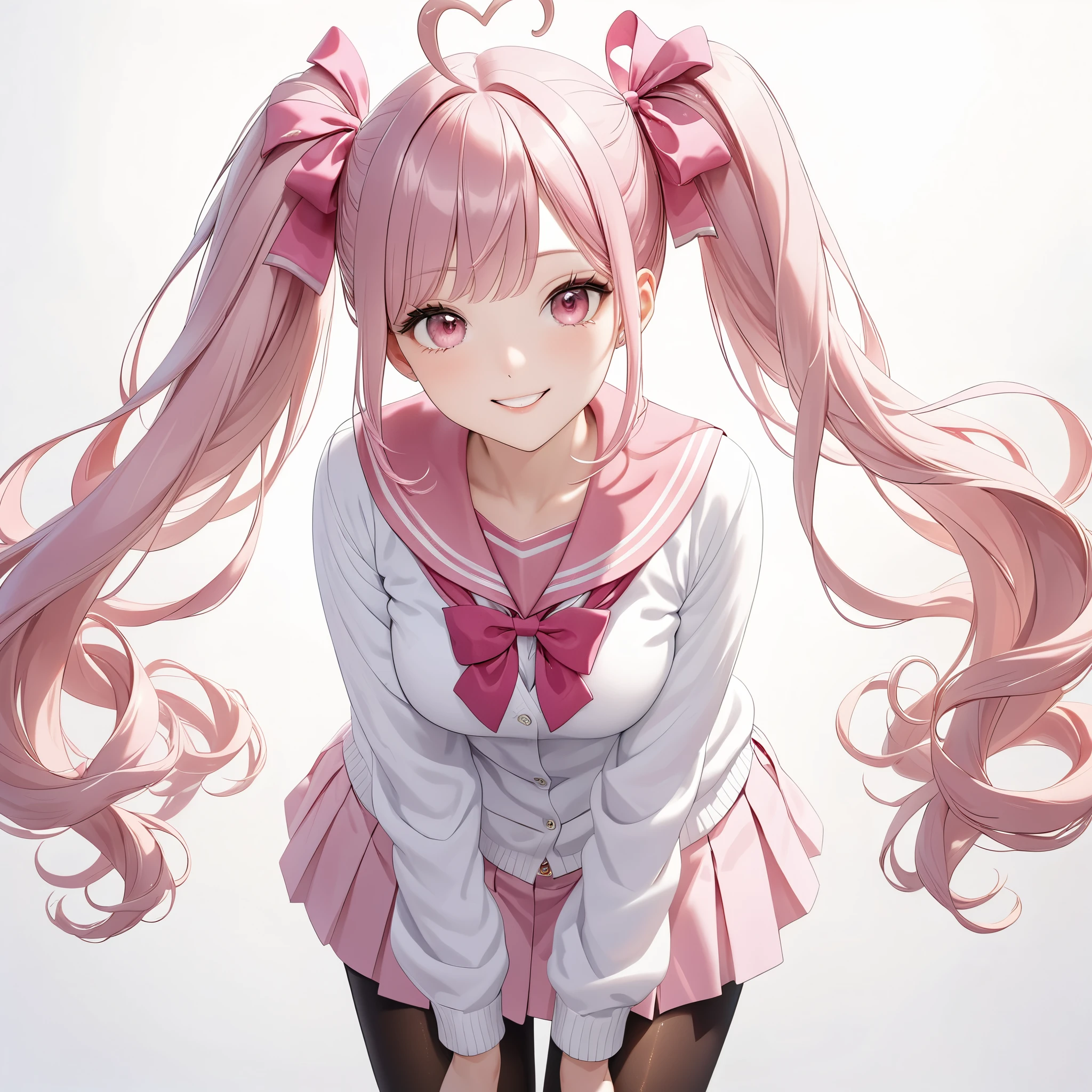 (8K, masutepiece, Best Quality, Official art, beautiful detailed, beautiful lighting, best masterpiece in history that exceeds limits), (1 Girl, Solo), (), (beautiful detailed face), (shiny white skin), (Beautiful big bust, cleavage, thighs:1.3), (beautiful detailed pink twin tails hair, Bangs, pastel pink heart ahoge:1.3), (beautiful detailed drooping pink eyes:1.5), (high school uniform:1.3), (white loose long sleeves long length cardigan, overly long sleeves, patsel pink sailor collar, pastel pink pleated skirt, patsel pink ribbon:1.3), (black_legwear, zettai_ryouiki, thigh_gap:1.2), (happy smile:1.2), (Attractive, sensational, look at the camera, cute pose:1.3), (simple white plain background:1.5),