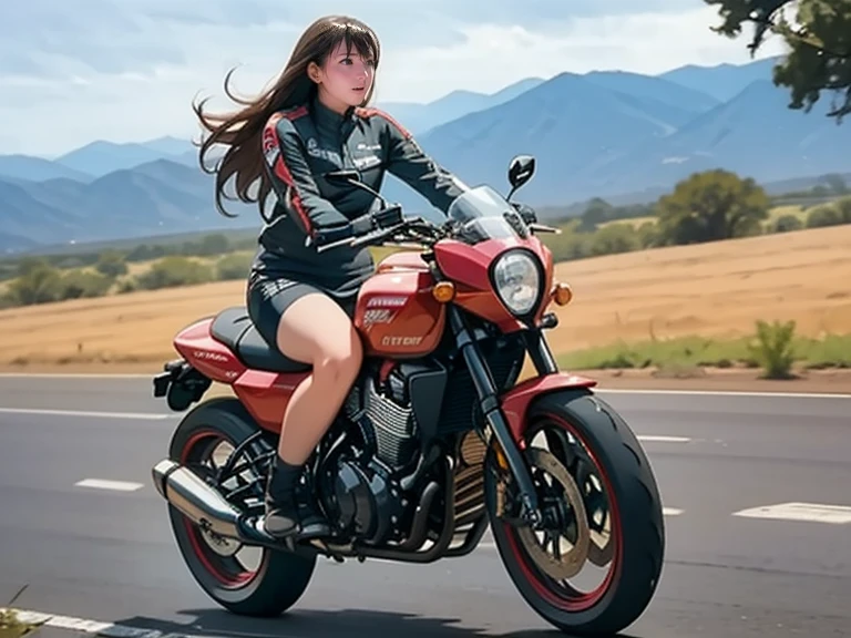 There is a woman riding a large motorcycle on the road., (((Wheelie))) Riding a 1300cc bike on a straight stretch in Forrest Gump Point, Arizona, America. (This scene captures the speed and power of the scene.))), (((Dynamic and powerful composition))