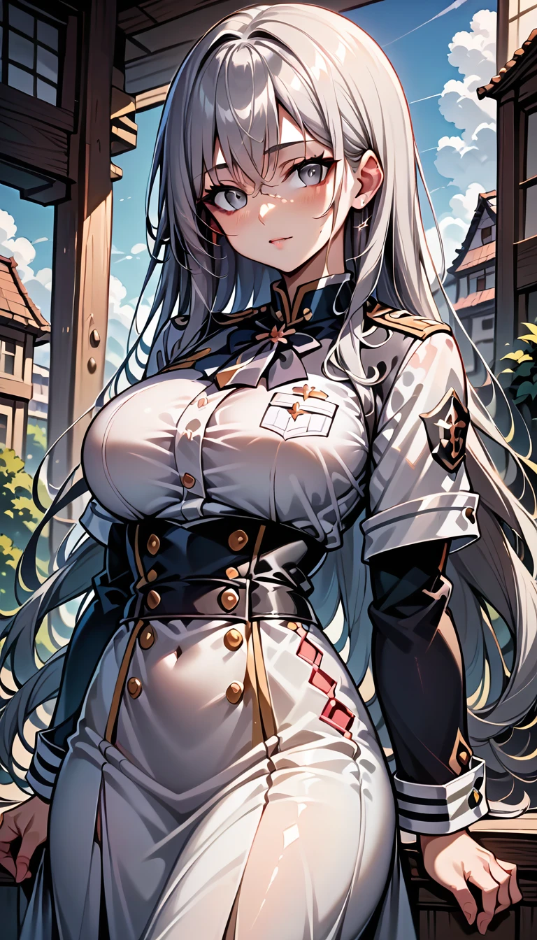 {{AI-generated}},{{High resolution}},{{Best Quality}},Very detailed、Beautiful and exquisite details、Grey Hair、Grey Eyes、、、Front close-up、Long Straight Hair、uniform、Night Sky