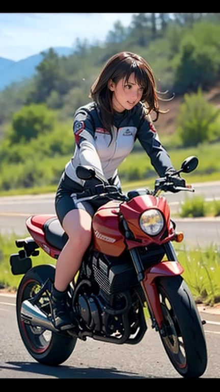 There is a woman riding a large motorcycle on the road., (((Wheelie))) Riding a 1300cc bike on a straight stretch in Forrest Gump Point, Arizona, America. (This scene captures the speed and power of the scene.))), (((Dynamic and powerful composition))