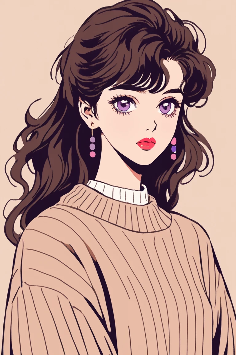 (Highest quality, sketch:1.2),Realistic,Illustrator,アニメ,1 Girl, Detailed lips,beige sweater,custom,sinple background,brown Hair,masterpiece, Style: Retro Classic, Dark Black、Under the MoonLong Hair、bangs、Fair skin,Side Tail with a single knot、beautiful girl、Real、cute、Purple Eyes