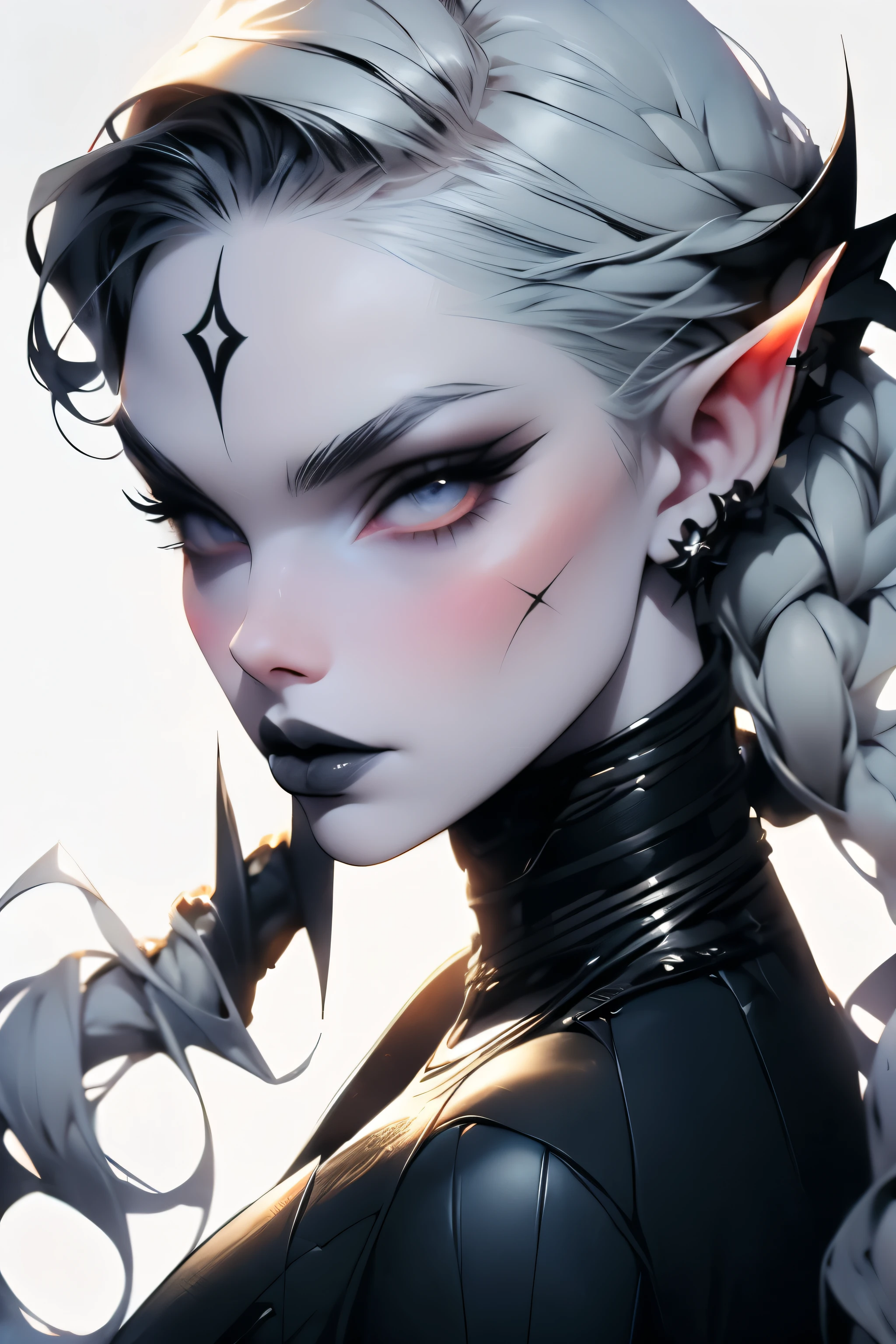 um close up de uma mulher e top preto, Elfo Negro, bela condessa elfa escura, princesa elfo escuro, Donzela elfa negra, trending in the artstation, dnd retrato de um tiefling, retrato de fantasia fosco detalhado, pintado no estilo arcano, Wlop Ross, Alexandra Fomina Artstation, inspirado no WLOP, lateral respada, tatuagem