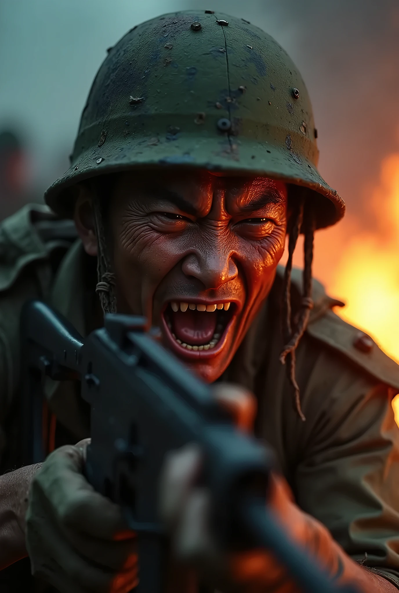 Helen Skelton, Vietnam War era, close-up action shot from ground level, naked US soldier, tattoos, laughing, sweating, damp hair, bloodied and bruised, sunny, M16, on a bloody battlefield, mud, explosion, fires