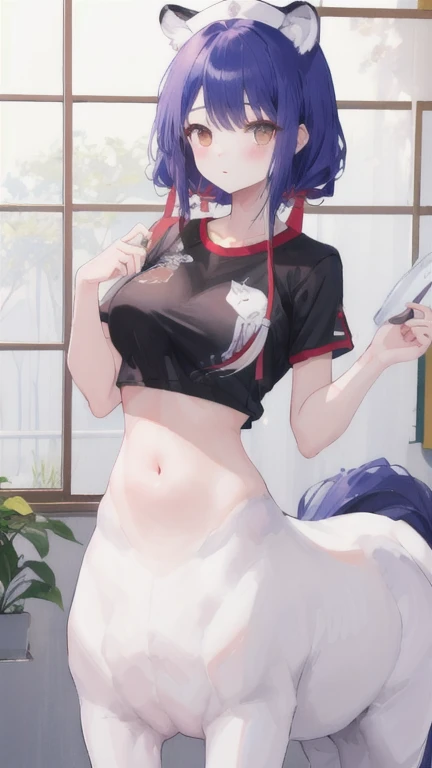 (best quality, masterpiece), 1 girl, centaur, It takes, White skin, Japanese  , exposing the abdomen,belly button t-shirt, 아름다운 소녀 perfect wolf photo, perfect wolf photo