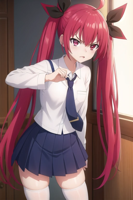 (red eyes:1.2), ribbon, hair between eyes, twintails, very long hair, ahoge, (red hair:1.2), 
BREAK pleated skirt, necktie, serafuku, black thighhighs, tree, blue skirt, zettai ryouiki, candy, black necktie, lollipop,  school uniform, white shirt,  thighhighs, long sleeves, kotori itsuka school uniform, long hair, skirt, shirt, (stripes panties:1.1)
BREAK standing, (leaning forward:1.3), 
BREAK (angry:1.2),
BREAK indoor, 
BREAK looking at viewer, from front, 
BREAK illustration, 
BREAK (masterpiece, best quality, high resolution:1.2), HD, (illustration:0.8), (beautiful detailed eyes:1.6), extremely detailed face, perfect lighting, extremely detailed CG, (perfect hands, perfect anatomy),