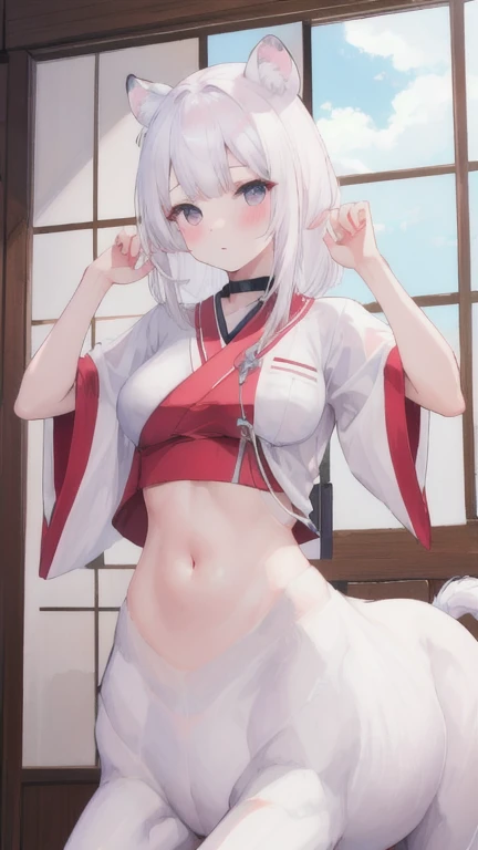 (best quality, masterpiece), 1 girl, centaur, It takes, White skin, japanese girl,Smiling, exposing the abdomen,belly button t-shirt, 아름다운 소녀 perfect white tiger photo, perfect white tiger photo