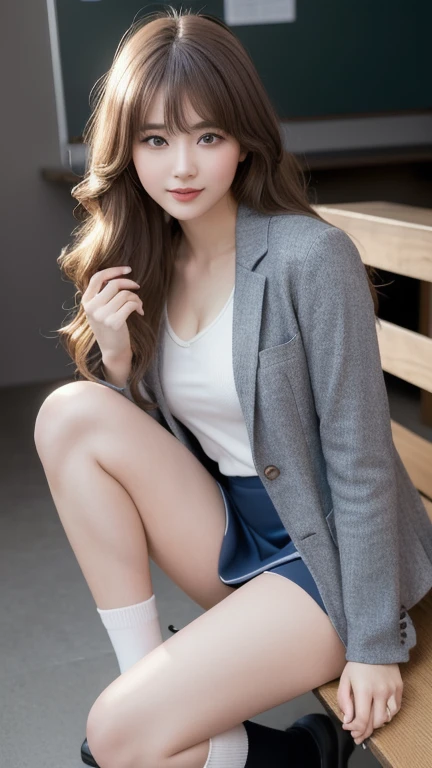 Girl (Masterpiece: 1.4), (8K, Realistic, Raw Photo, Best Quality: 1.4), Japan Person, (1 Girl), Beautiful Face, (Real Face: 1.4), (Caramel Hair, Long Hair: 1.3), Beautiful Hairstyle, Realistic Eyes, Beautiful Detail Eyes, (Real Skin: 1.3), Beautiful Skin, Attractive, Ultra High Resolution, Ultra Realistic, High Definition, Golden Ratio, (Detailed Face: 1.4), (Anna Tanaka), College Student, Navy blue blazer and pleated skirt, NSFW, pose (bend knees and legs wide open), front