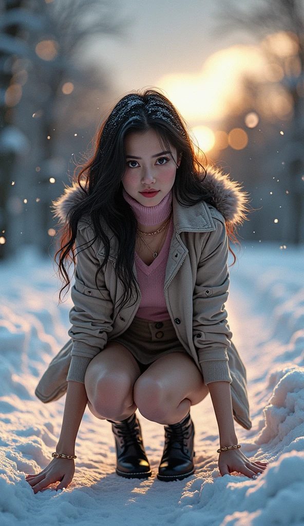 top-quality Wearing white knee-high boots Tall Plump adult woman Winter days Pink sweater White miniskirt a smile length hair A dark-haired Black eye Mouth open and tongue visible
