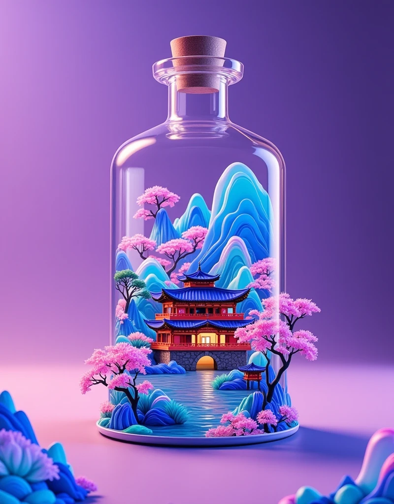 Purple gradient background，3D Chinese landscape architecture in a glass bottle，Purple light and shadow，The building is surrounded by cherry blossoms in full bloom，Colorful trees，Fall，river，Mountains，And traditional ancient buildings，Everything forms a microcosm in the glass bottle，dream，dream概念艺术，dream，Ultra Detail，Ultra-realistic，Sad rendering，high resolution, 1ltss1