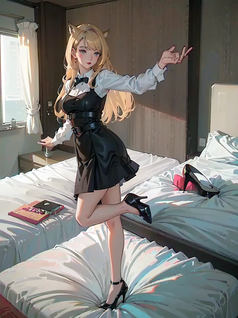 sexy secretary, (cat ear), (((heels on bed))), (((girl wear high heels and standing on bed))), (((big boobs))), (10cm pointy heels, pointy head heels), (best quality:1.4), (ultra highres:1.2), (photorealistic:1.4), (8k, RAW photo:1.2), (((stepping on magazines))),  a pair of ggx heels, (looking at viewer:1), (full body),  solo, long hair, blonde hair, (((half of heels sink into bed))), in hotal room, photoshooting, pantyhose, dancing on bed,  