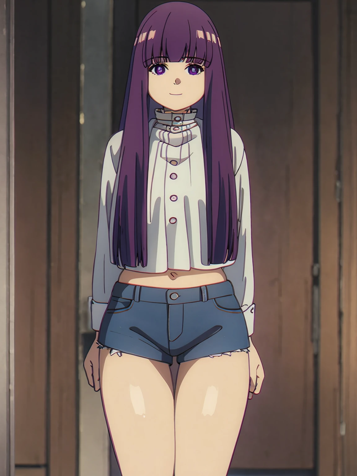 [1girl,solo,purple hair, fern ,long hair, bangs, (purple eyes:1.1), sidelocks, blunt bangs, half updo,], (8K, Highest quality, Highest quality, masterpiece), standing, solo, cowboy shot, [2d, masterpiece, best quality, anime, highly detailed, crop top , cleavage, ((Denim shorts)), fullbody, full body, ((denim, short shorts)) , small breasts, standing, outdoors, smile], underboob view,