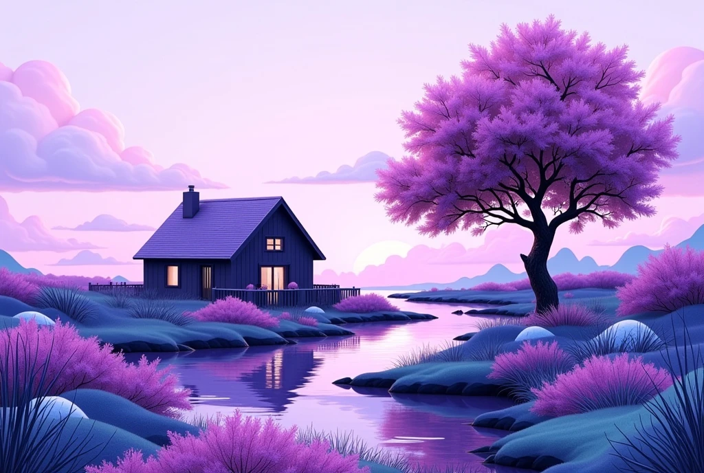 Resin style，Resin material，Resin Art，一幅异想天开的抽象Resin Art，Depicts a small house next to a tree，used，A palette of purple and lilac shades，This artwork is done in watercolor or alcohol ink technique，Smooth lines and splashes of color merge together，Create dreamy, ethereal landscapes，The sky is filled with soft and pink，The ground and surrounding areas are filled with dark purple and blue，The overall style is surreal and artistic，Combining elements of abstract art and realism, 1ltss1