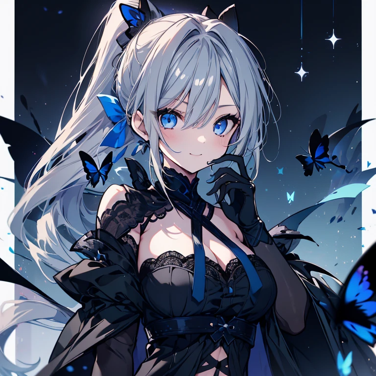 1 person、Mature、Ample breasts、White Hair、Long Hair、Blue Eyes、White skin、Black Dress、Shoulder Bare、Belly button、Hair blowing in the wind、Look to the side、Assassin、Blood splatter、Blood splatter、Ruined City、Downtown、Night view、A troubled look、necklace、bracelet、Blue Butterfly、High resolution、Highest quality