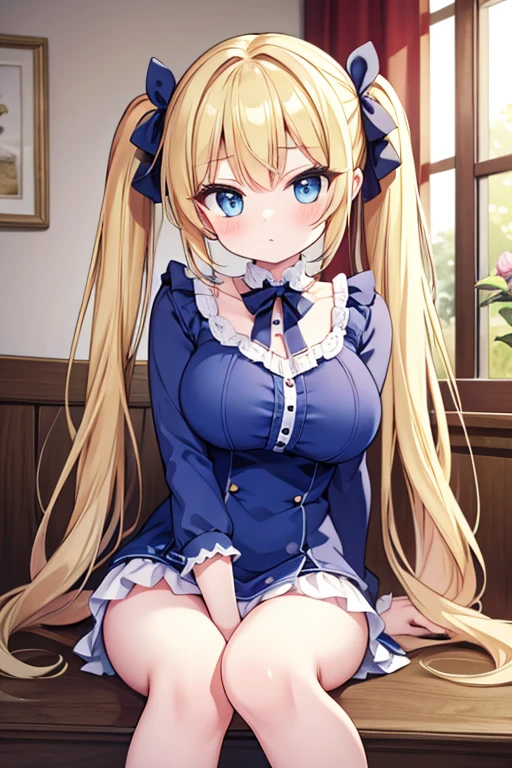 Highest quality,masterpiece,Blonde with blue eyes,Beautiful breasts,Twin tails,Girl&#39;s Mischief,off-the-shoulder dress,Japan,countryside,