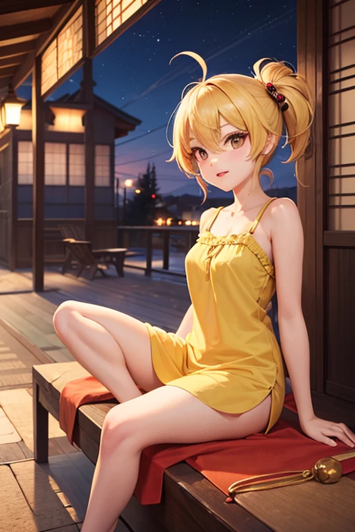 solo, 1girl, smile, sitting, legs crossed, hand on own face, medium blonde hair, pigtails, yellow bikini, best quality, perfect anatomy, highres, absurdres, extremely detailed CG unity 8k wallpaper