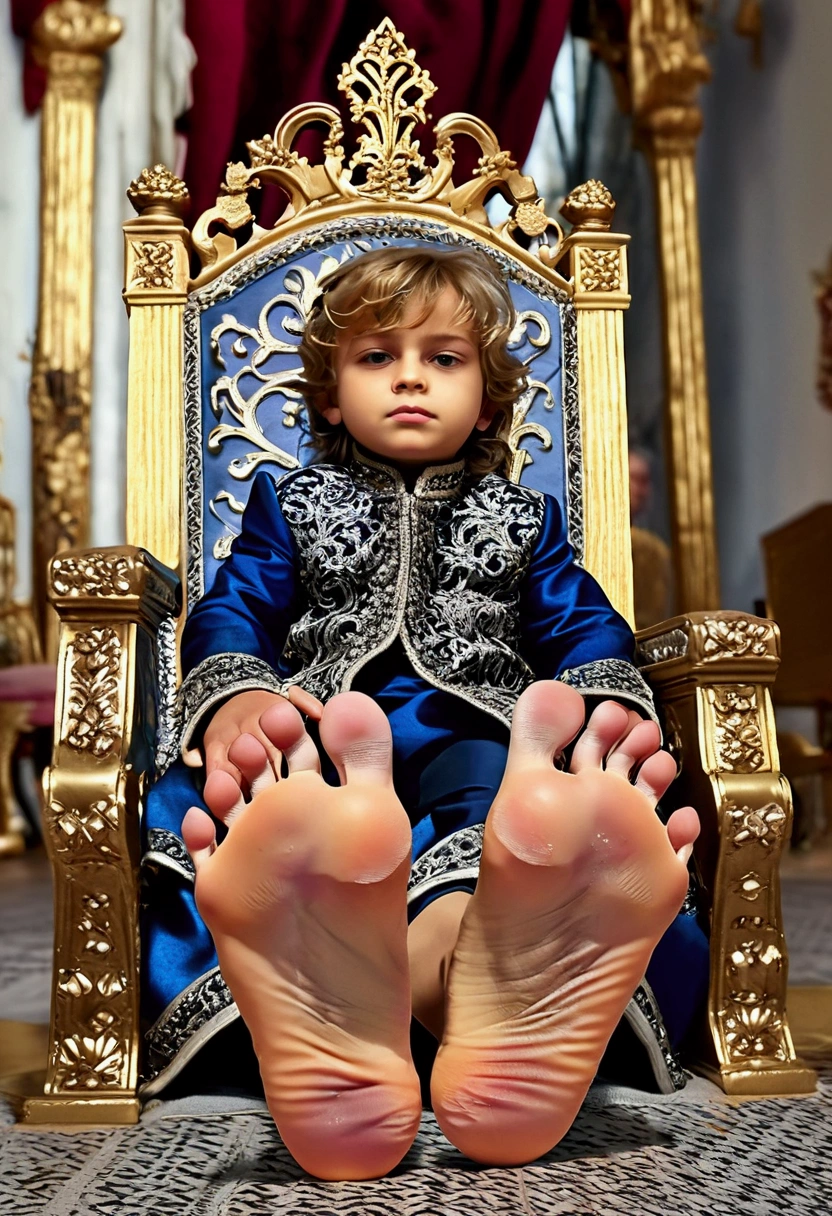 A child prince on a throne, beautiful detailed feet soles, highly intricate ornate throne, elaborate golden decorations, regal elegant pose, (best quality,4k,8k,highres,masterpiece:1.2),ultra-detailed,(realistic,photorealistic,photo-realistic:1.37),HDR,UHD,studio lighting,extreme detail description,professional,vivid colors,portrait,fantasy,cinematic lighting