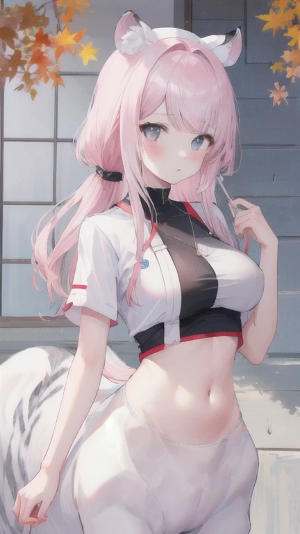 (best quality, masterpiece), 1 girl, centaur, I beg, White skin, Japanese schoolgirl,daughter,black pink, exposing the abdomen, belly button t-shirt , Beautiful girl perfect white tiger photo, Perfect swimsuit pictures