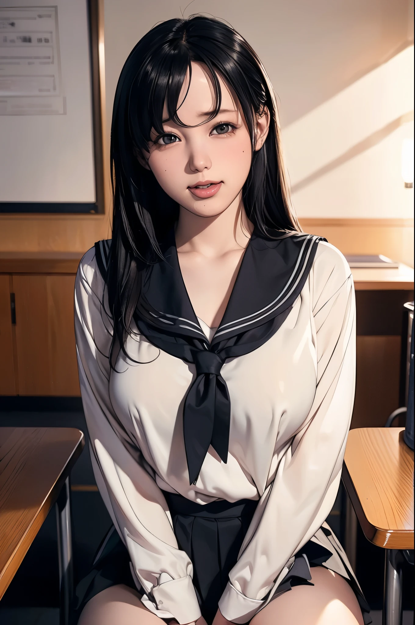 (RAW Photos), (Realistic), (Photorealistic), Ultra-high resolution, masterpiece, Highest quality, Portraiture, facial Portraiture, Perfect lighting, Detailed lighting, Dramatic Shadows, A young woman, solo, wearing a sailor uniform, sitting in a classroom, (School 1.5 in the background), (Serious expression, Hot 1.5), (highest quality: 1.1), (masterpiece: 1.3), with an unparalleled masterpiece, Surreal 8K, Perfect artwork, Super detailed, highest quality, masterpiece 4K wallpaper aesthetics, masterpiece, Award-winning works, Official Art, Cinema Lighting, Small Breasts, long straight hair, (((black hair))), (((Mouth half open))), ((smile)),