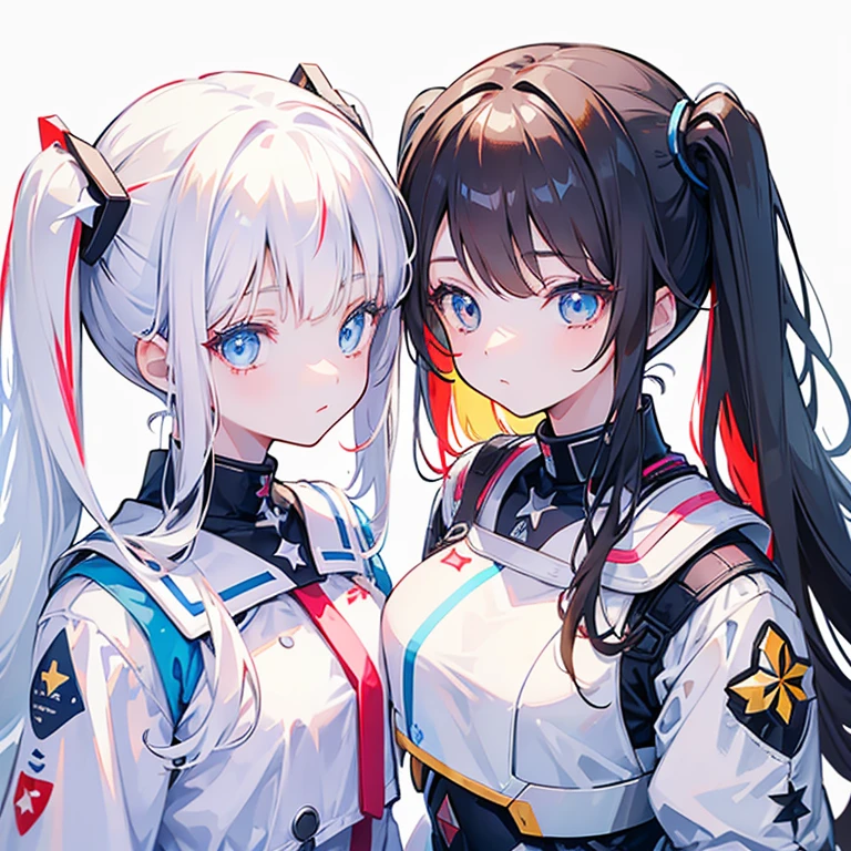 Two Girls, One has brown hair and red eyes., White-haired and blue-eyed, Twin tails, Long Hair, White background, Colorful pastel stars, Light, High image quality, Mecha Girl, Colorful portrait