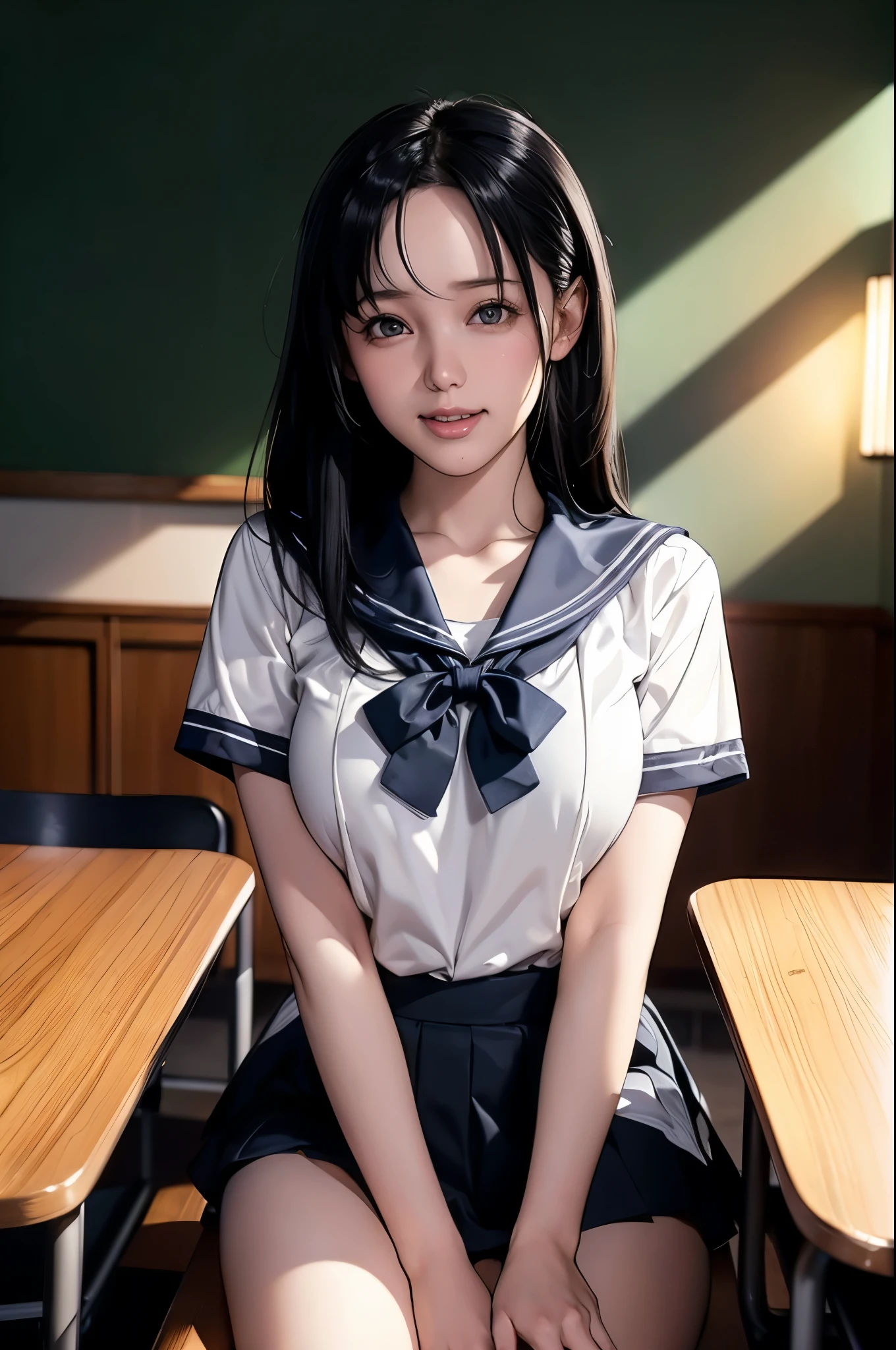 (RAW Photos), (Realistic), (Photorealistic), Ultra-high resolution, masterpiece, Highest quality, Portraiture, facial Portraiture, Perfect lighting, Detailed lighting, Dramatic Shadows, A young woman, solo, wearing a sailor uniform, sitting in a classroom, (School 1.5 in the background), (Serious expression, Hot 1.5), (highest quality: 1.1), (masterpiece: 1.3), with an unparalleled masterpiece, Surreal 8K, Perfect artwork, Super detailed, highest quality, masterpiece 4K wallpaper aesthetics, masterpiece, Award-winning works, Official Art, Cinema Lighting, Small Breasts, long straight hair, (((black hair))), (((Mouth half open))), ((smile)),