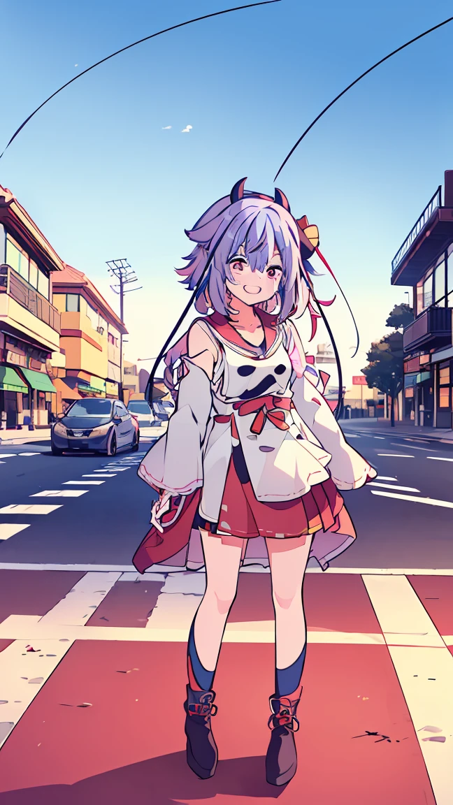 masterpiece, Best Quality, High resolution, Very detailed,(((Mikoto Naruhana))), (((Multicolored Hair))), (((horn))), (((Pink Eyes))), (((Around town))), (((blue sky))), (((pedestrian crossing))), (((electric wire))), (((Laughing)))