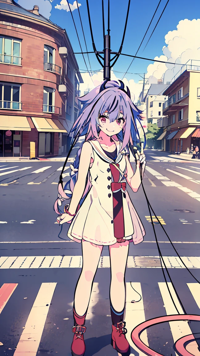 masterpiece, Best Quality, High resolution, Very detailed,(((Mikoto Naruhana))), (((Multicolored Hair))), (((horn))), (((Pink Eyes))), (((Standing at a distance))), (((Around town))), (((blue sky))), (((pedestrian crossing))), (((electric wire))), (((Laughing)))