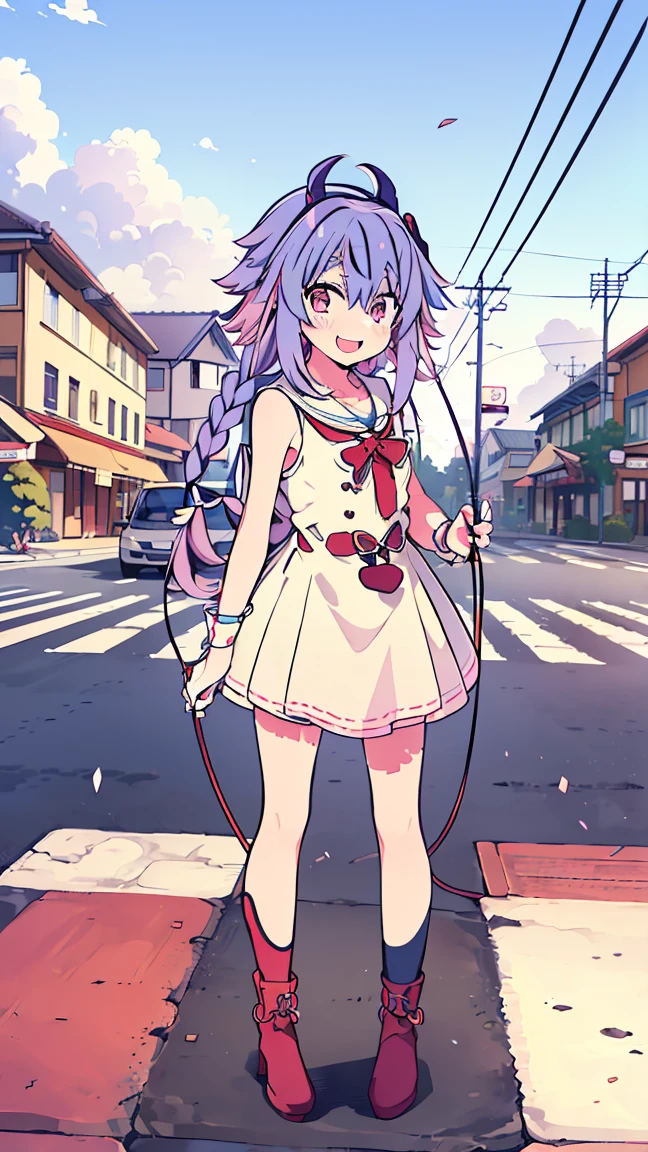 masterpiece, Best Quality, High resolution, Very detailed,(((Mikoto Naruhana))), (((Multicolored Hair))), (((horn))), (((Pink Eyes))), (((Standing at a distance))), (((Around town))), (((blue sky))), (((pedestrian crossing))), (((electric wire))), (((Laughing)))