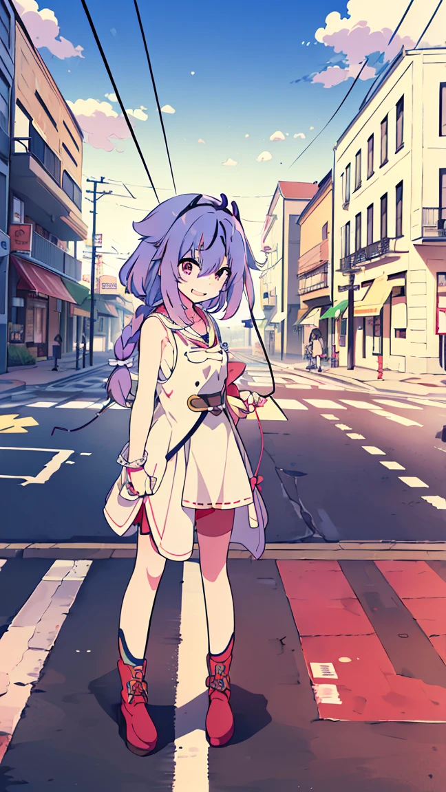 masterpiece, Best Quality, High resolution, Very detailed,(((Mikoto Naruhana))), (((Multicolored Hair))), (((horn))), (((Pink Eyes))), (((Standing at a distance))), (((Around town))), (((blue sky))), (((pedestrian crossing))), (((electric wire))), (((Laughing)))