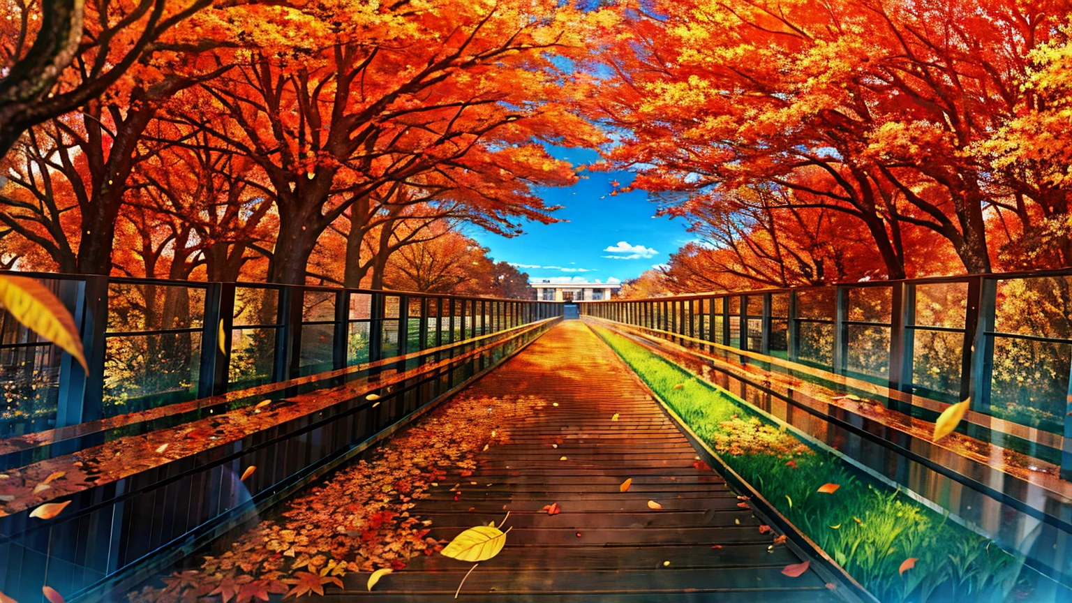 Masterpiece, ultra detailed, autumn, arcadia,Autumn leaves, landscape , straight road