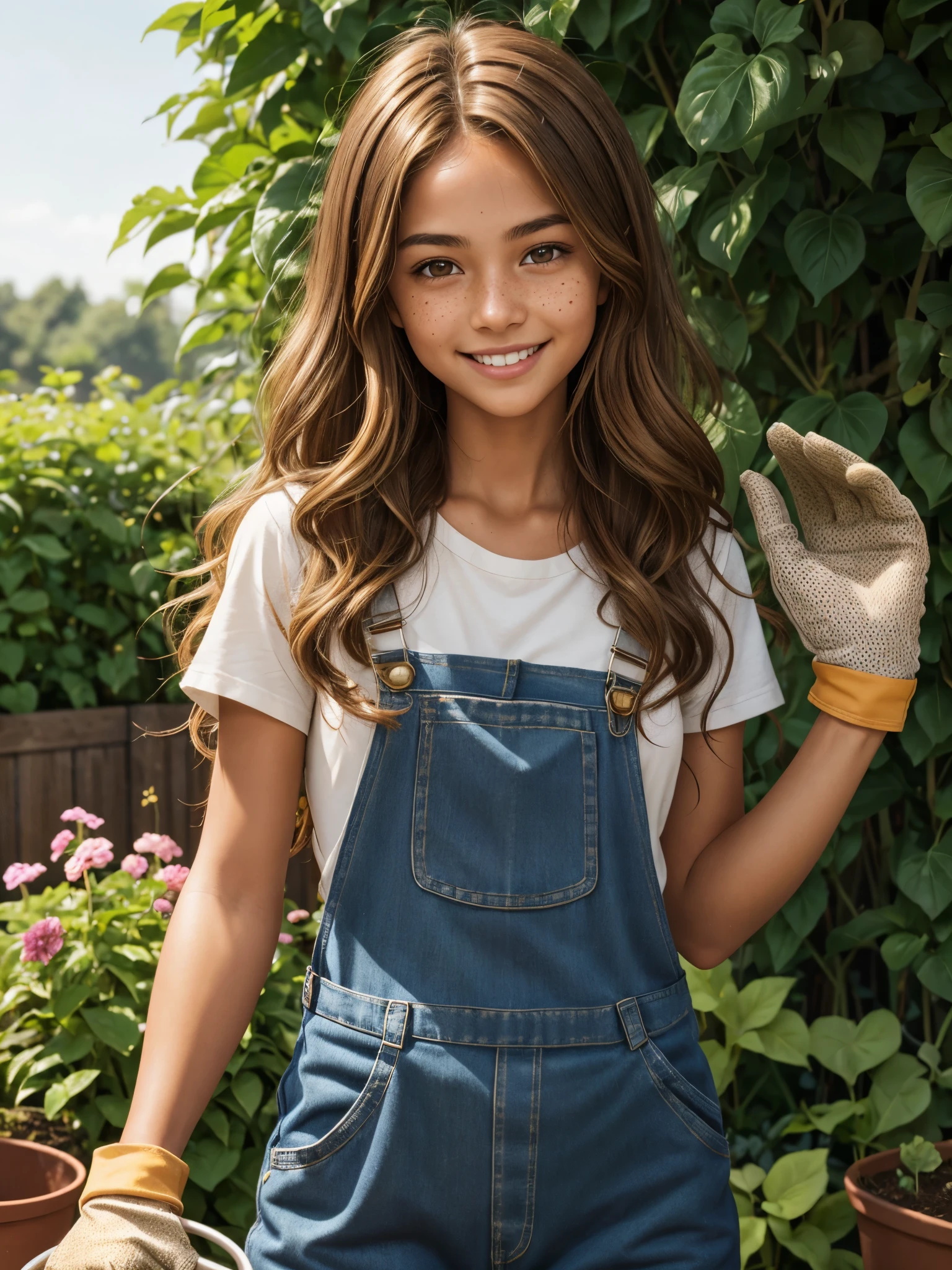 (best quality), 1girl, female, honey toned skin, chestnut hair, long hair, slightly wavy hair, brown eyes, perfect eyes, freckles, tomboy, overalls, gardener, gardening gloves, garden, petite, small bust, smile, masterpiece, anatomically correct, highres
