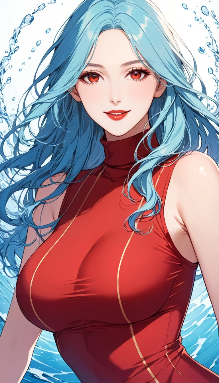 1 Female,High definition,high resolution,Ultra-realistic,8K, 1 Female, 1girl,maron,(red short dress), bare shoulder,(blue eyes,aqua hair,blunt bangs),off shoulder , big breasts ,wide thighs ,European,sexy,Upper body close-up,Photographed from the front,Dynamic Angles,(blush), (medium tits) 