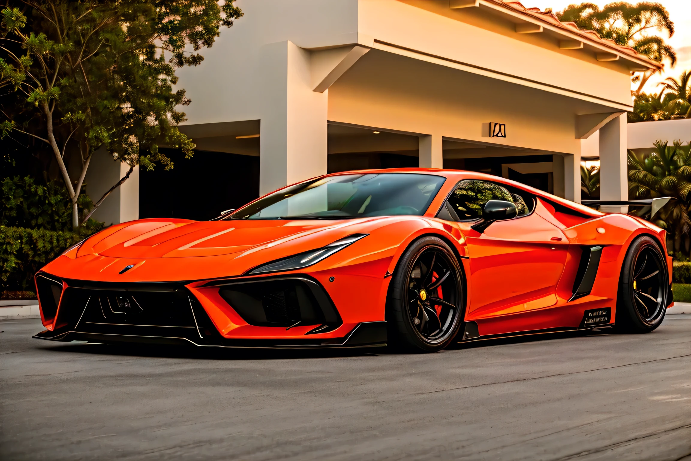 Farrari Testarosa)) in miami, at sunset.  on a cobble stone driveway, cinematic, 8k