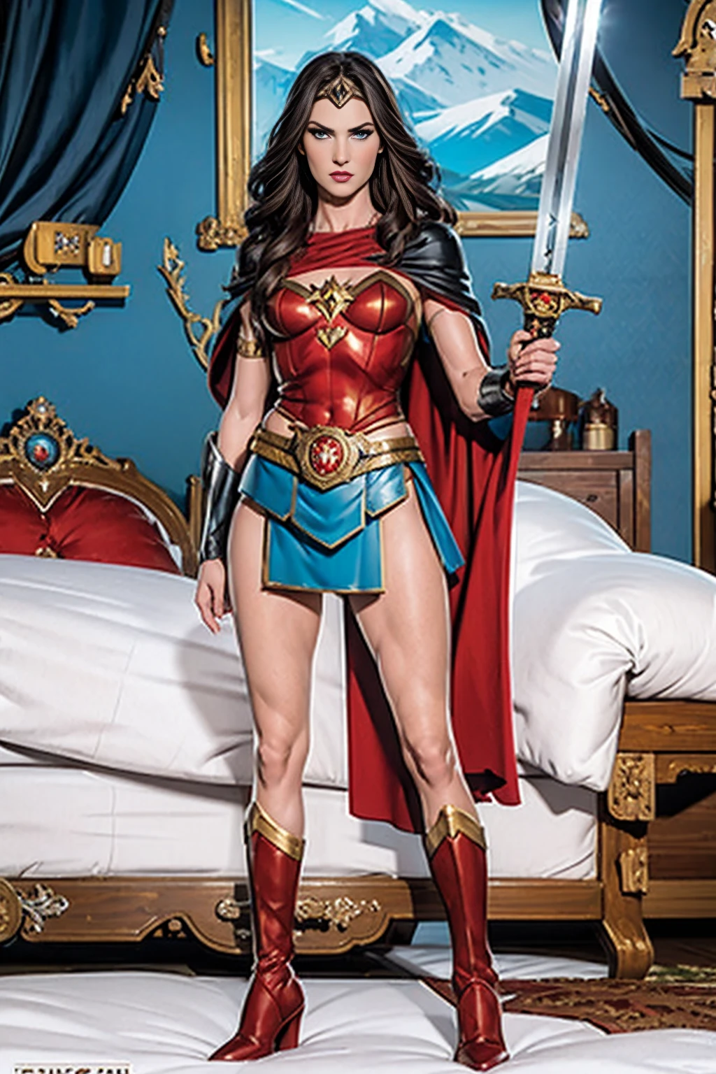 ((full body photo, standing)) masterpiece, best quality, 1girl, veronica, (((full body photo))) 1 girl, Wonder Woman, bracelet, black hair, blurred, armband, breathing, cape, cowboy shot, depth of field, restraint, gun restraint, lasso, looking at viewer , parted lips, pommel, realistic, reverse grip, shield, skirt, snow, neveing, alone, superhero, sword, tiara, toned, weapon, weapon behind back, ((work of art))
