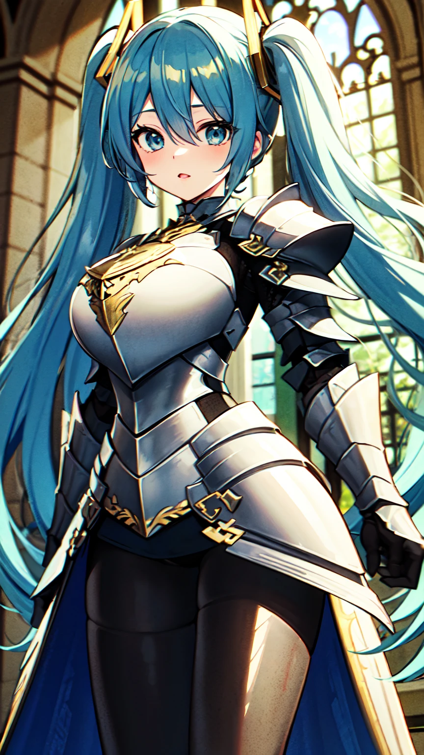 Masterpiece, Top Quality, 8K Hatsune Miku VOCALOID, 1Woman, Big Breasts, Equipped with a Cloak, ((Dragon Armor)), {{Full Armor}}, ((Knight Armor)), Black Tights, Church
