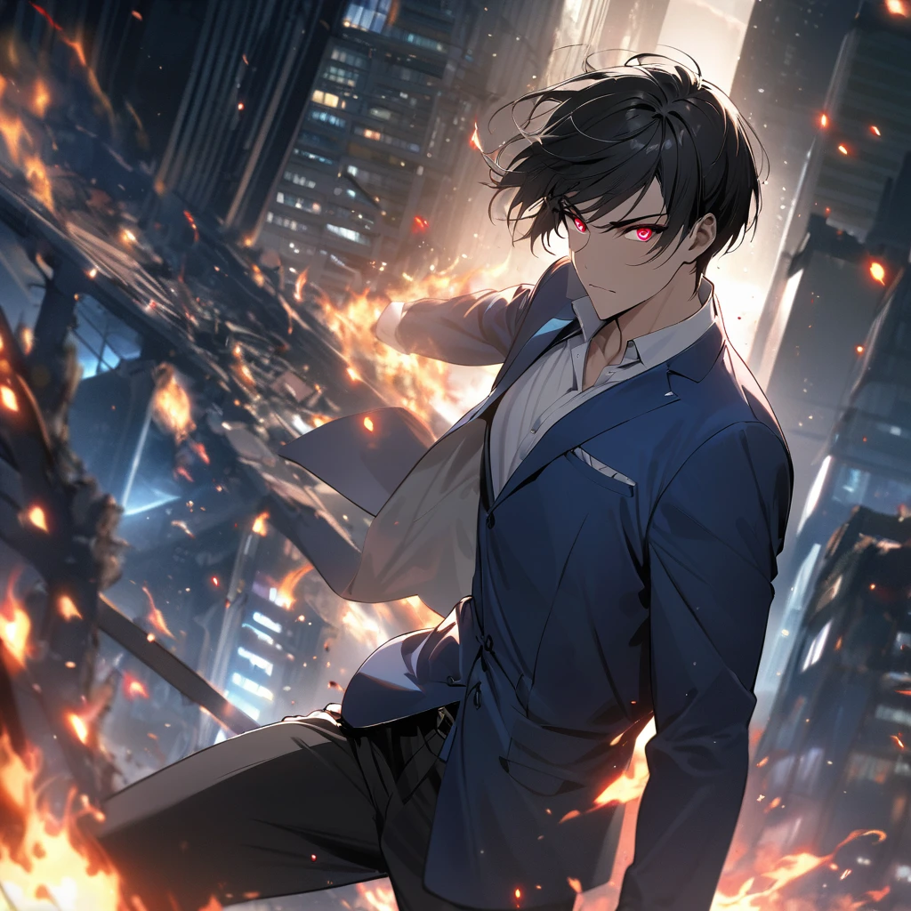 masterpiece, 1 male, Asian style haircut, black hair, blue suit, White shirt, black pants, glowing red eyes, dynamic pose, in the background a building at night, destroyed, fire particles, High quality 