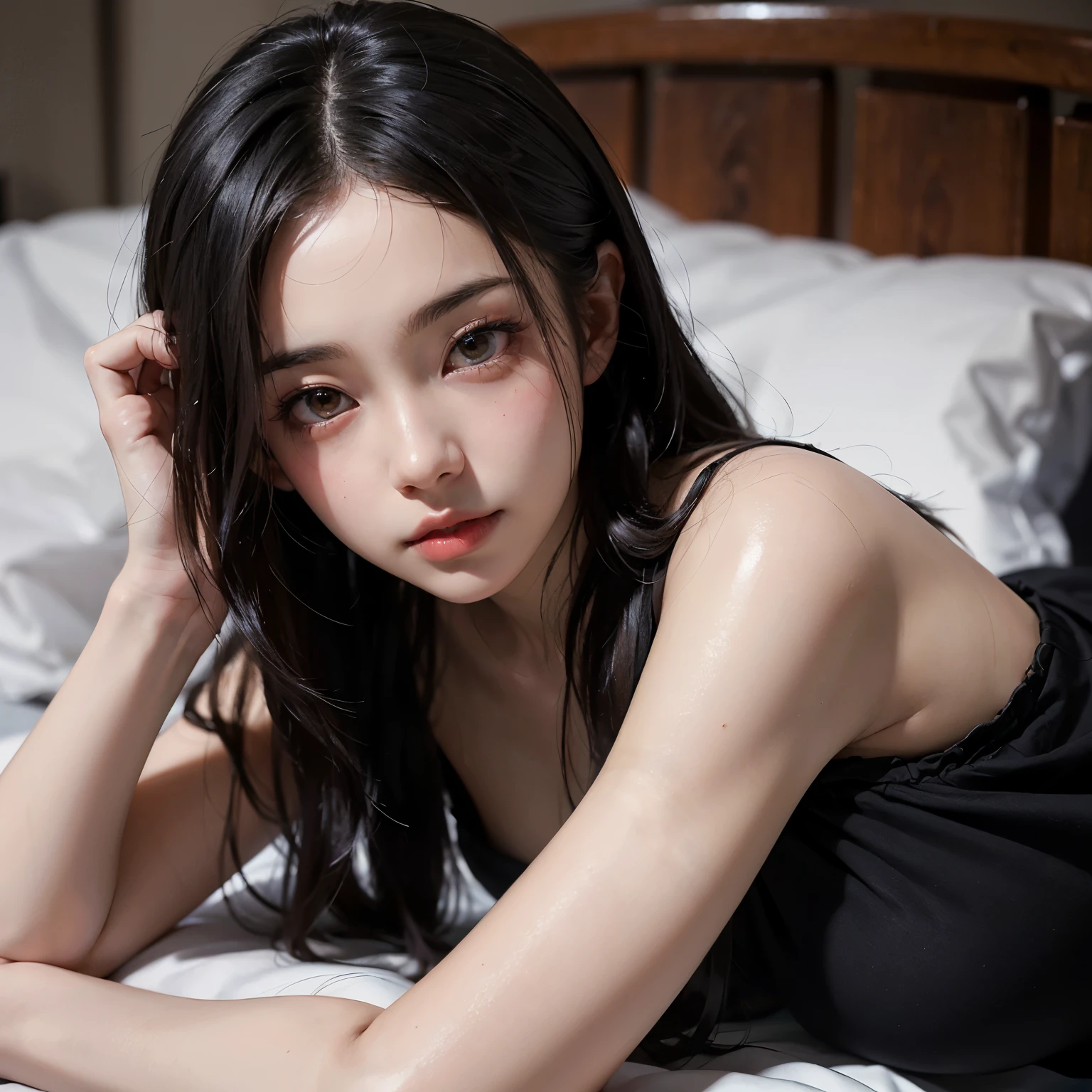 Japanese lady, skinny shape, small breasts, extremely slender waist, beautiful face, brown eyes, normal makeup, black long hair, wearing a tight grey dress, sitting on a bed, looking longingly at a viewer, 1girl in, solo, detailed face and eyes, detailed fingers and arms. Full body photo.