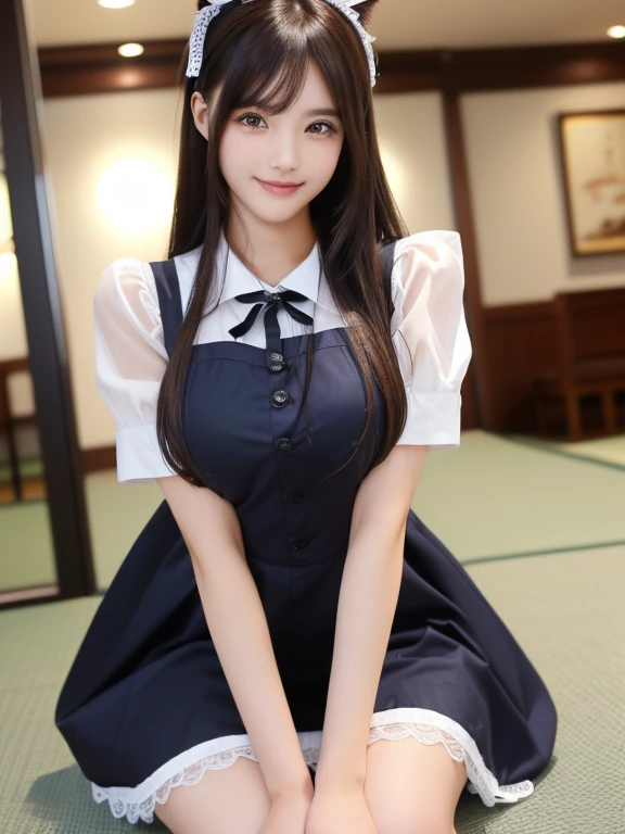 Photo-realistic quality、Japanese model dressed in maid costume, gorgeous maid, anime girl in a Maid costume, Maid outfit, Anime Girl Cosplay, anime cat girl in a Maid costume, japanese maid cafe, Maid Dress, Maid costume, A sexy maid 、Looking at the camera、Detailed and beautiful eyes、Cute smile、A soft and gentle look