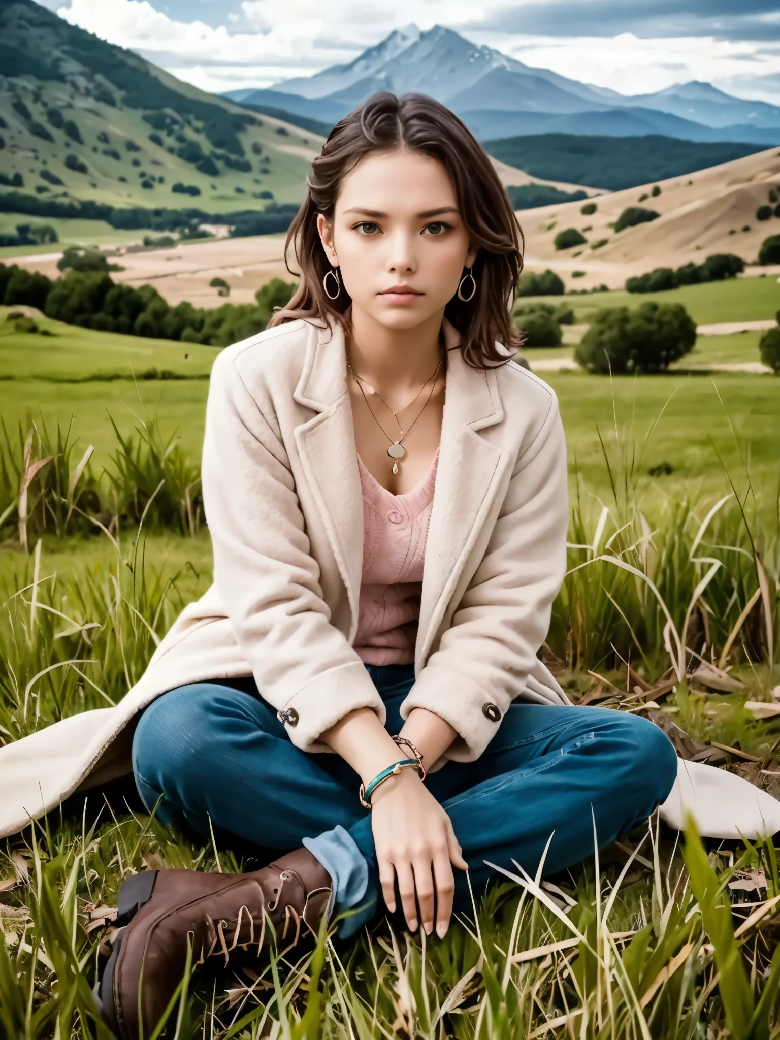 girl, sitting, weathered clothing, dusty clothing, worn clothing, pants, blazer, on grass, (brittle grass, desolate landscape:1.2), (looking at viewer:1.4), mountain far away, (sephia:0.4), (masterpiece, high resolution), perfect dynamic composition, evening, duffle coat, pink sweater, short boots, beautiful eroticism inducing atmosphere, earring, necklace, bracelet, romantic, mysterious, object of admiration, original, dramatic, artistic, innovative, charming, heartful, special, extreme, sense of loss, sorrow, feminine,