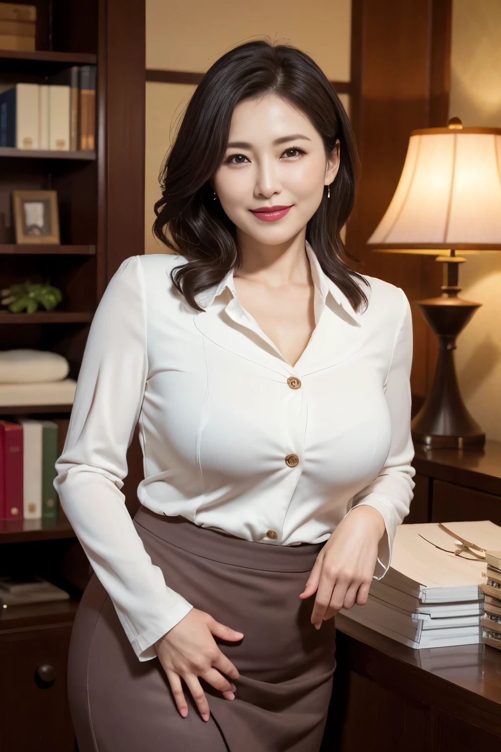 ((photograph))、((real photo))、mature adult woman、High resolution、((highest quality,8k,masterpiece))、((Full body shot 0.85)) facial portrait, gentle smile、 ((pale lipstick)), sensual, ((Very big breasts 2.3))Medium Hair, black hair, tied her hair in a bun, formal wear, ((white blouse)), gray tight skirt, Glasses, chubby woman,living room at home、